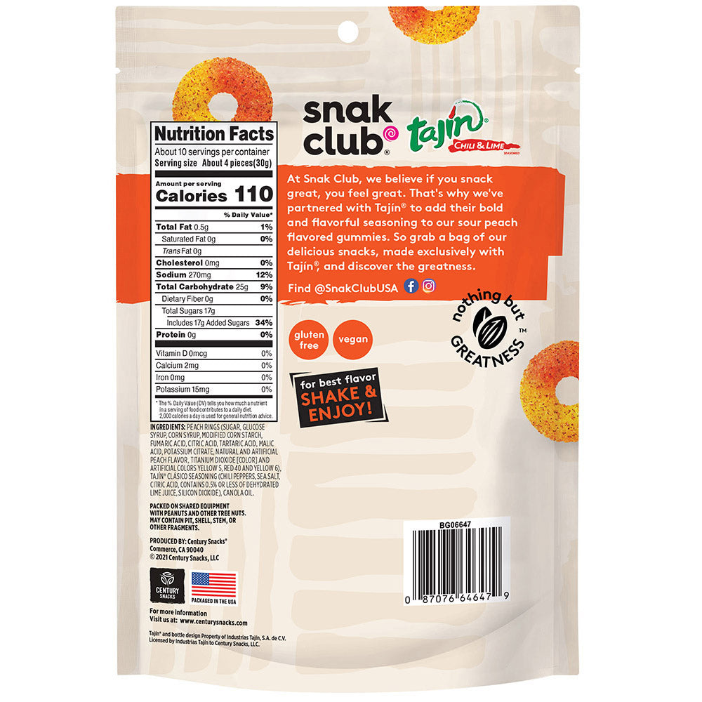 Snak Club Tajin Chili & Lime Seasoned Peach Rings, 11 Ounce Bag, 1 Pack