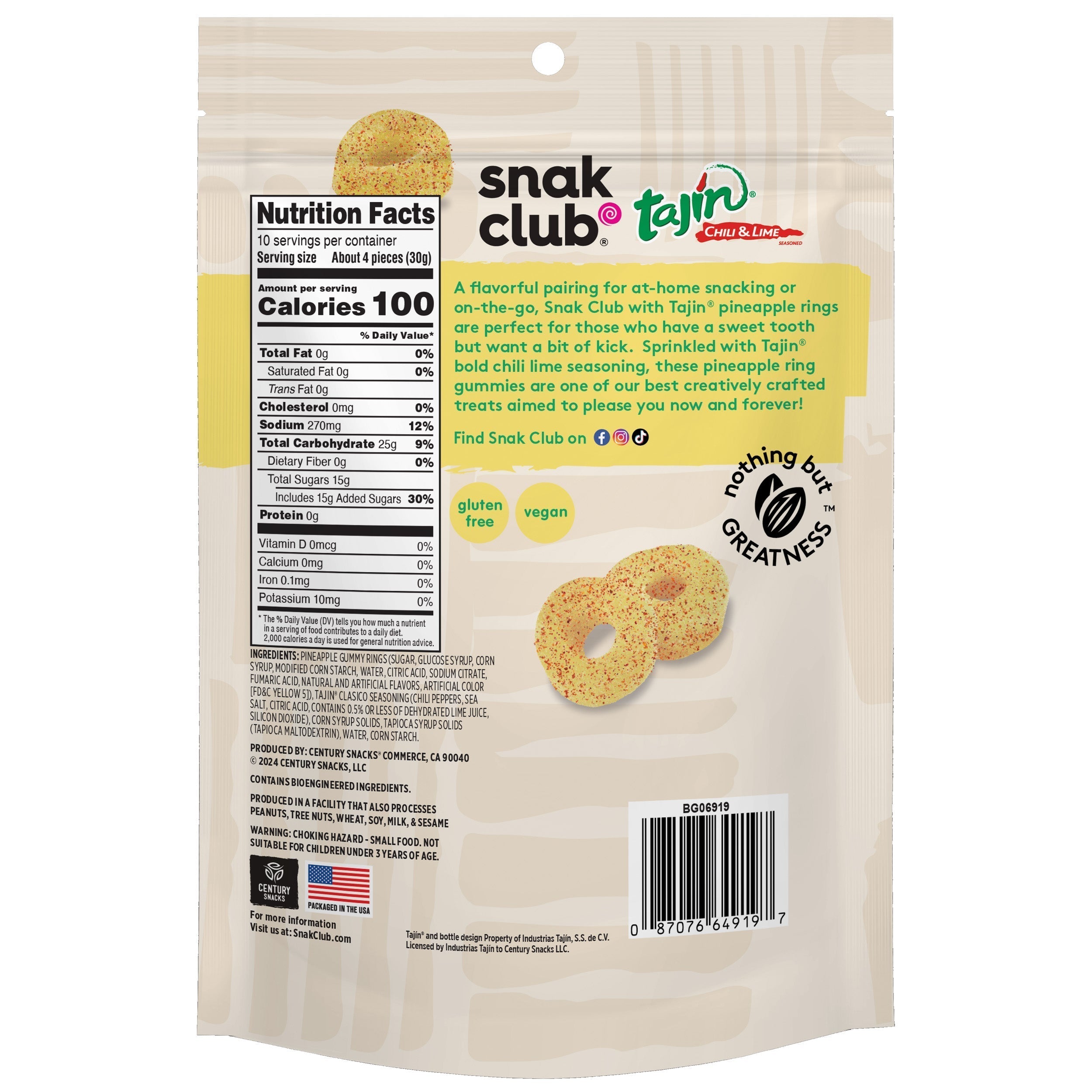 Snak Club Tajin Chile & Lime Seasoned Pineapple Rings,11 Ounce Bag, 1 Pack