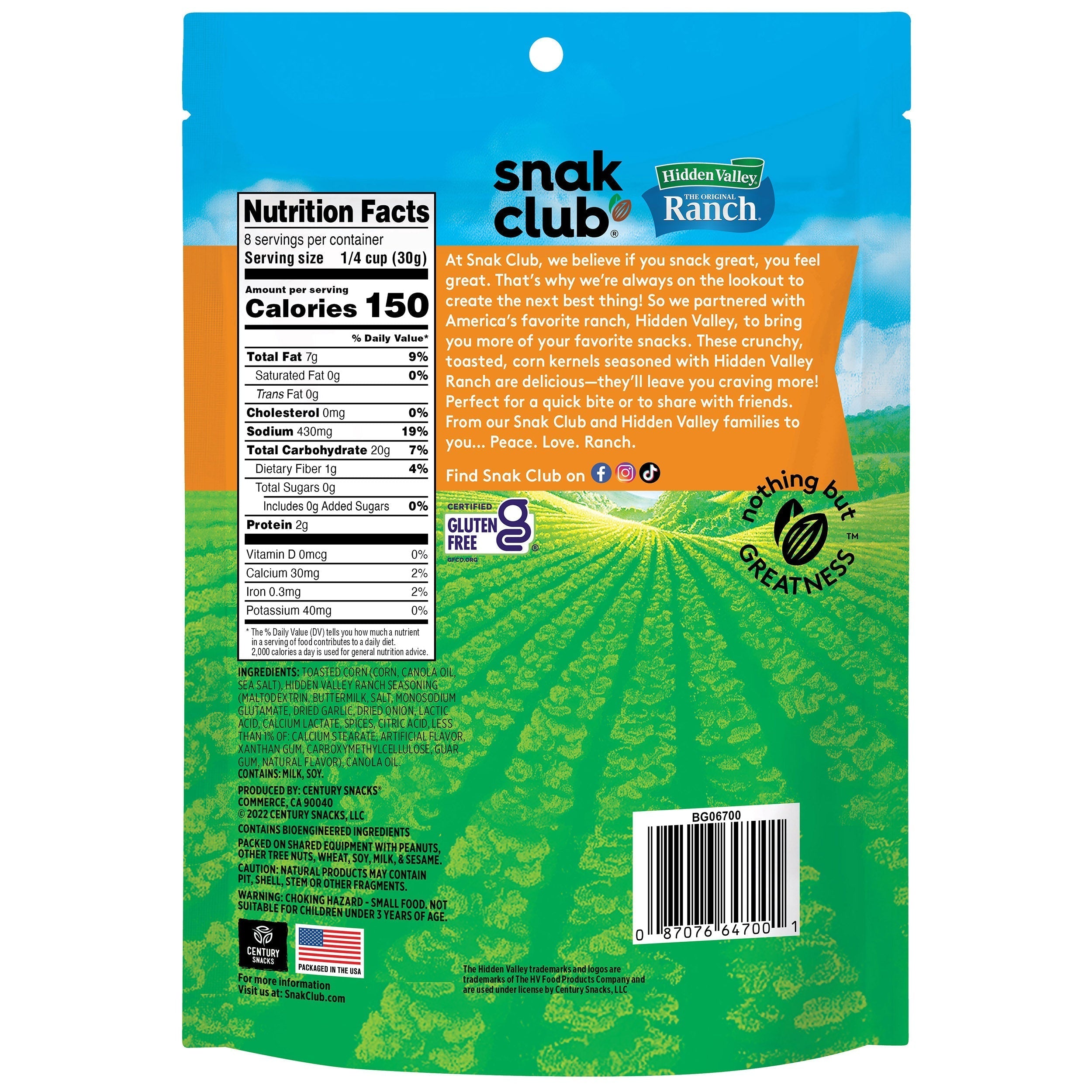 Snak Club Hidden Valley Ranch Toasted Corn, 8.5 oz, 1 Pack