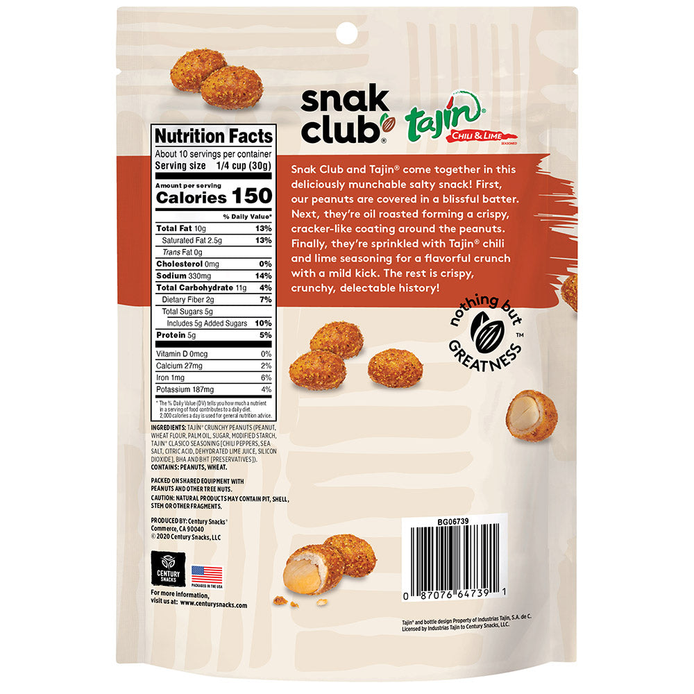 Snak Club Tajin Chili Lime Seasoned Crunchy Peanuts 10.5 Ounce Bag, 1 Pack