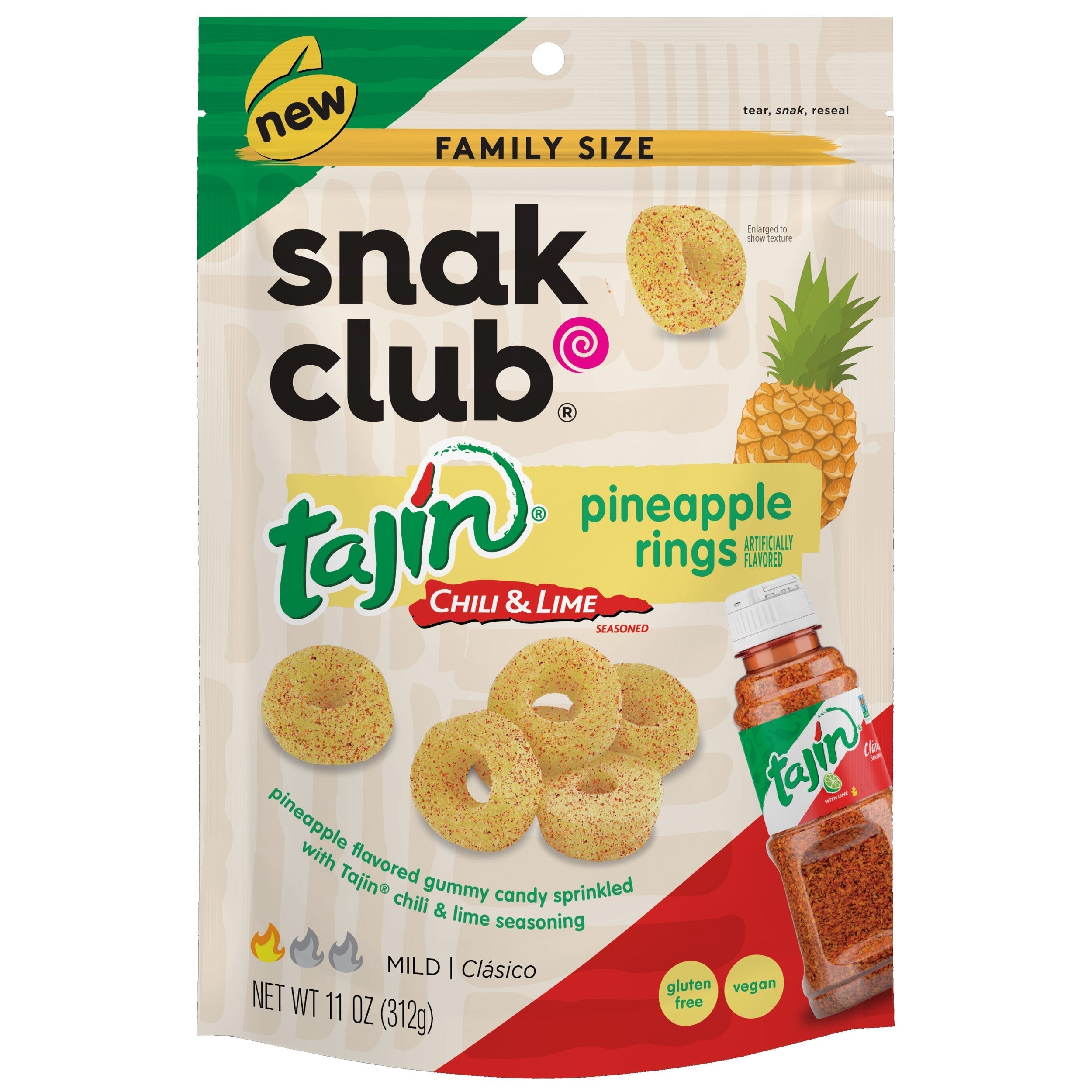Snak Club Tajin Chile & Lime Seasoned Pineapple Rings,11 Ounce Bag, 1 Pack